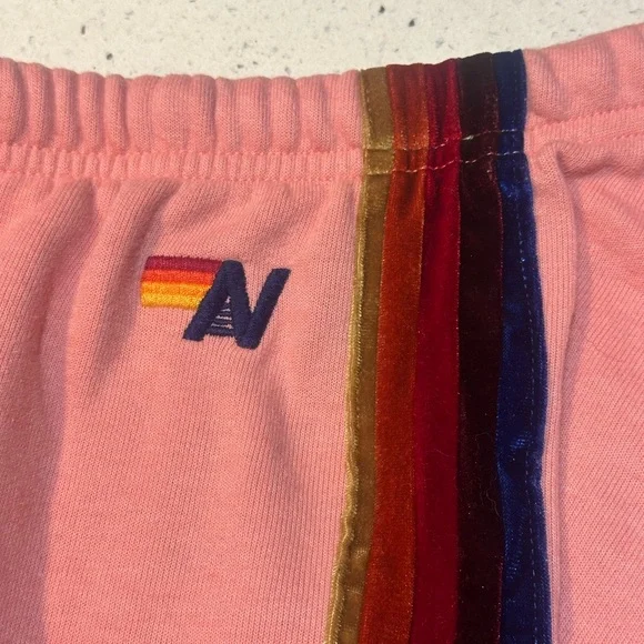 AVIATOR NATION PRE LOVED 5 STRIPE SWEATPANTS - LIGHT PINK // VELVET RAINBOW